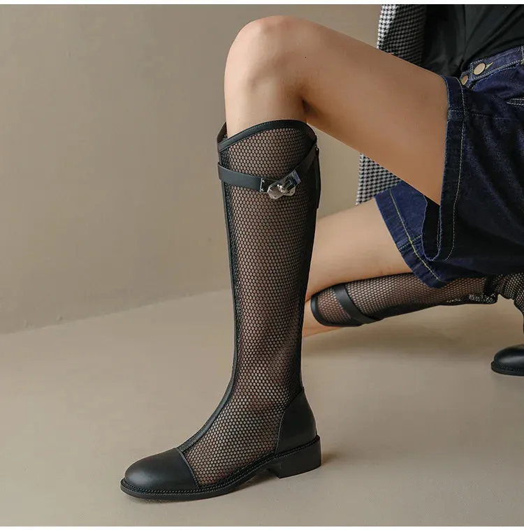Breathable Leather Mesh Long Boots For Women Fashionable Sandals_voghion.com