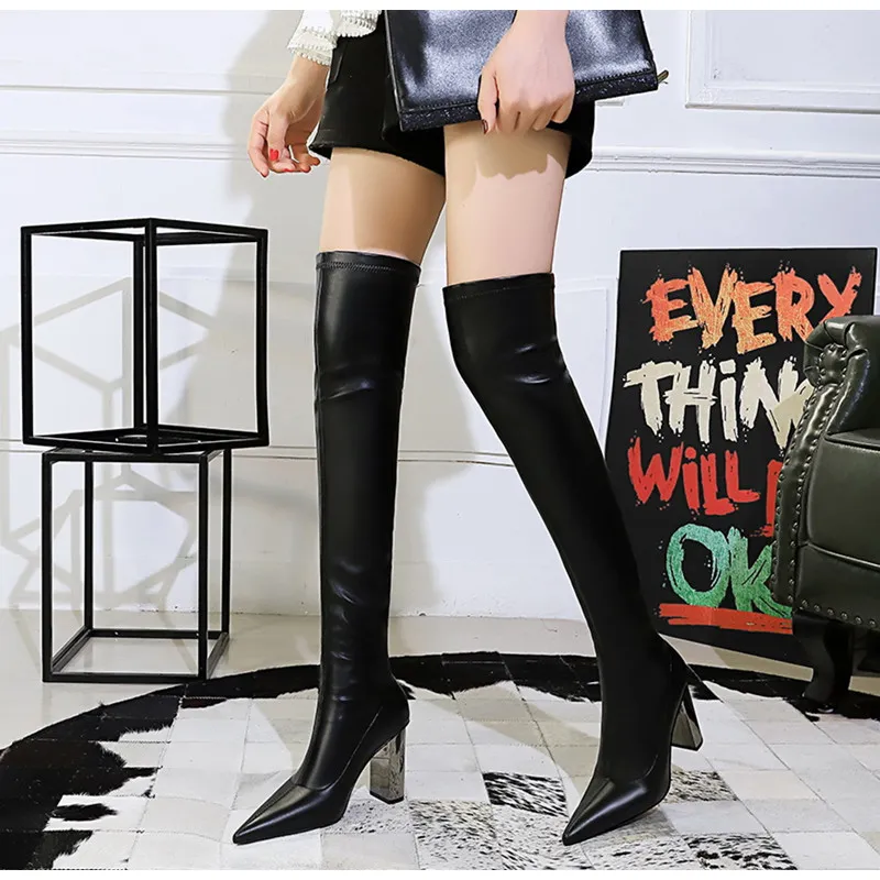 Brand Women Leather Thigh Thick High heels Stretch Skinny Over the knee boots Autumn Winter Warm Female Boots Shoes_voghion.com