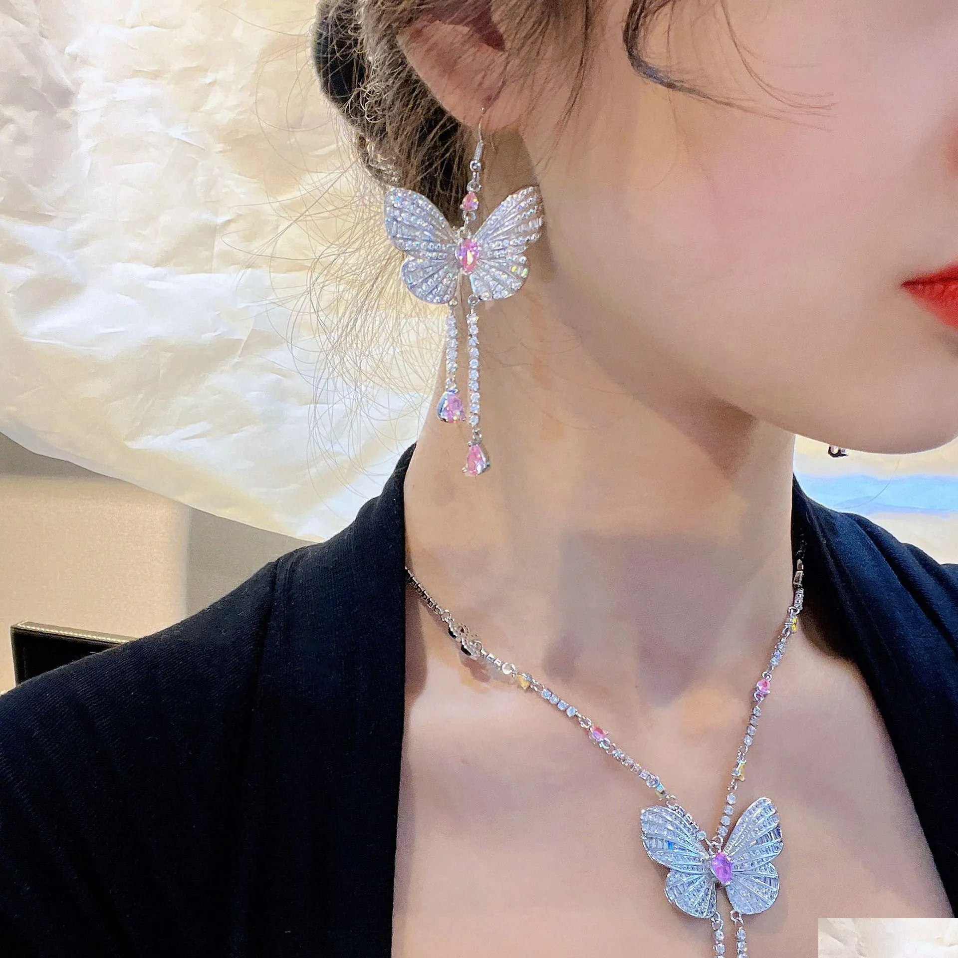 Set di gioielli da sposa con farfalla, diamanti da laboratorio, orecchini in argento sterling, collana girocollo per donna, pietre preziose da sposa_voghion.com