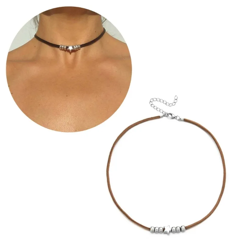 Collana choker stella boho collana pelle nera da donna_voghion.com