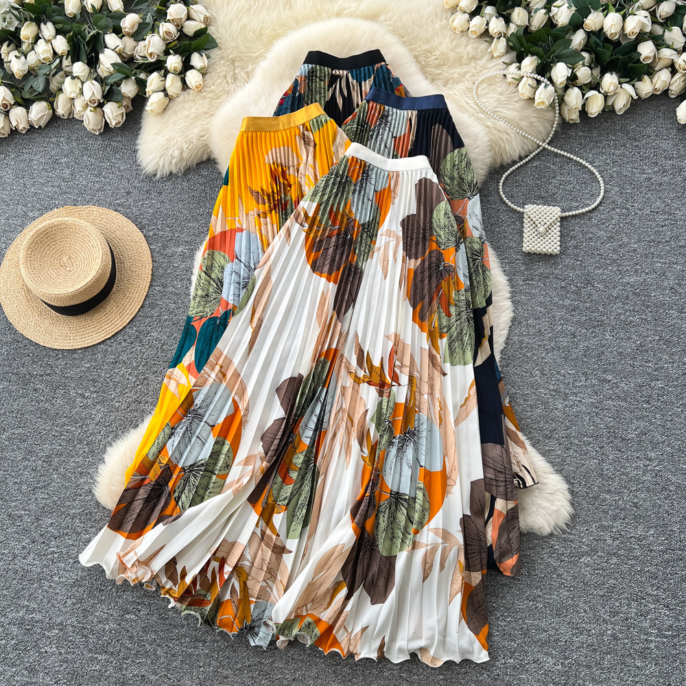Women’s Retro Print Pleated Skirt High Waist A-Line Midi Skirt Elastic Waist Commuter Flowing Long Fashionable Summer Skirt