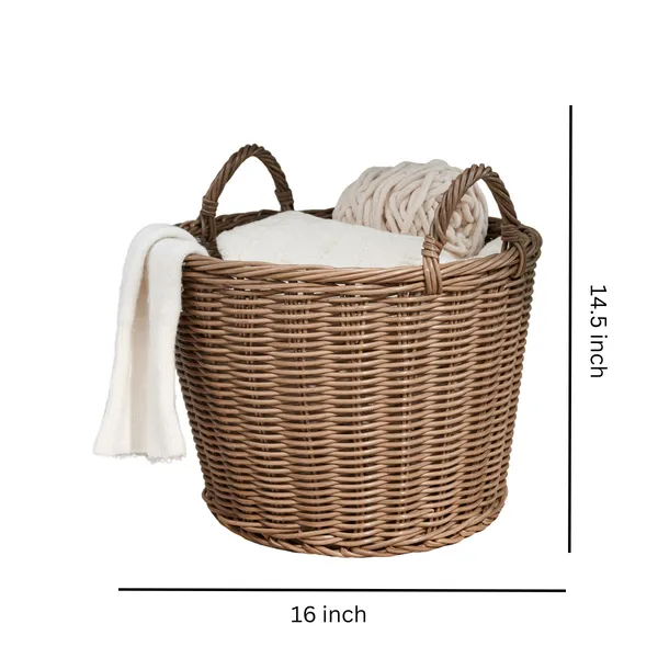 Joseph Round Cone Woven Resin Wicker Basket With Handles - 16' X 16' X 14.5' - Chocolate Brown - For Clothes, Towels, Canvas, Toys, Magazine Storage_voghion.com
