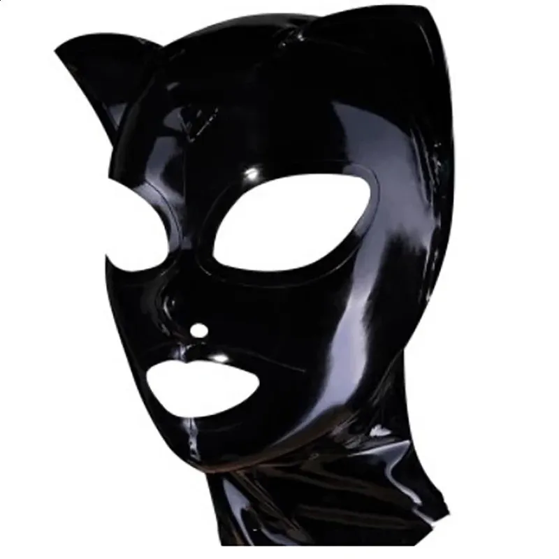 Cagoule en latex noir avec oreilles de chat, fermeture éclair dans le dos, yeux ouverts, bouche, masque en caoutchouc, costume de cosplay 240_voghion.com
