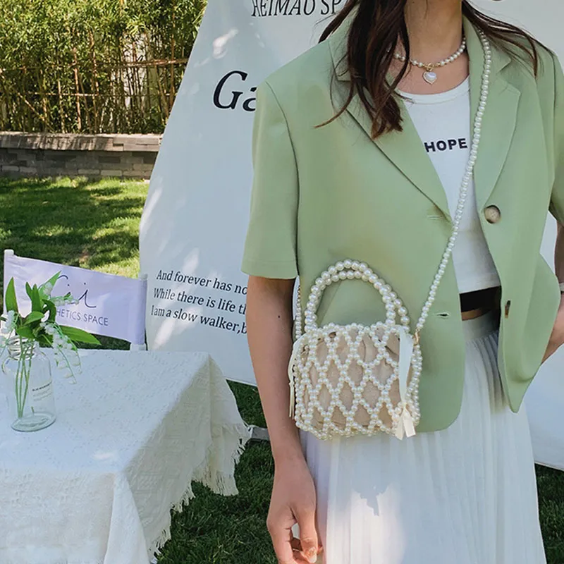 Yogodlns Mini borsa a secchiello da donna, borsa a tracolla intrecciata con perle, borsa a mano, portafoglio, borsa a tracolla da donna_voghion.com