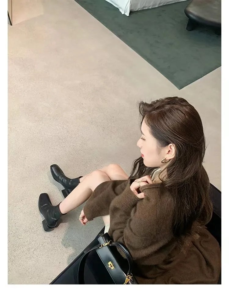 Genuine Leather Heels Thick Soles Square Toe Women Short Zippered Design Casual Fashion Versatile Slim Boots 4.5CM_voghion.com