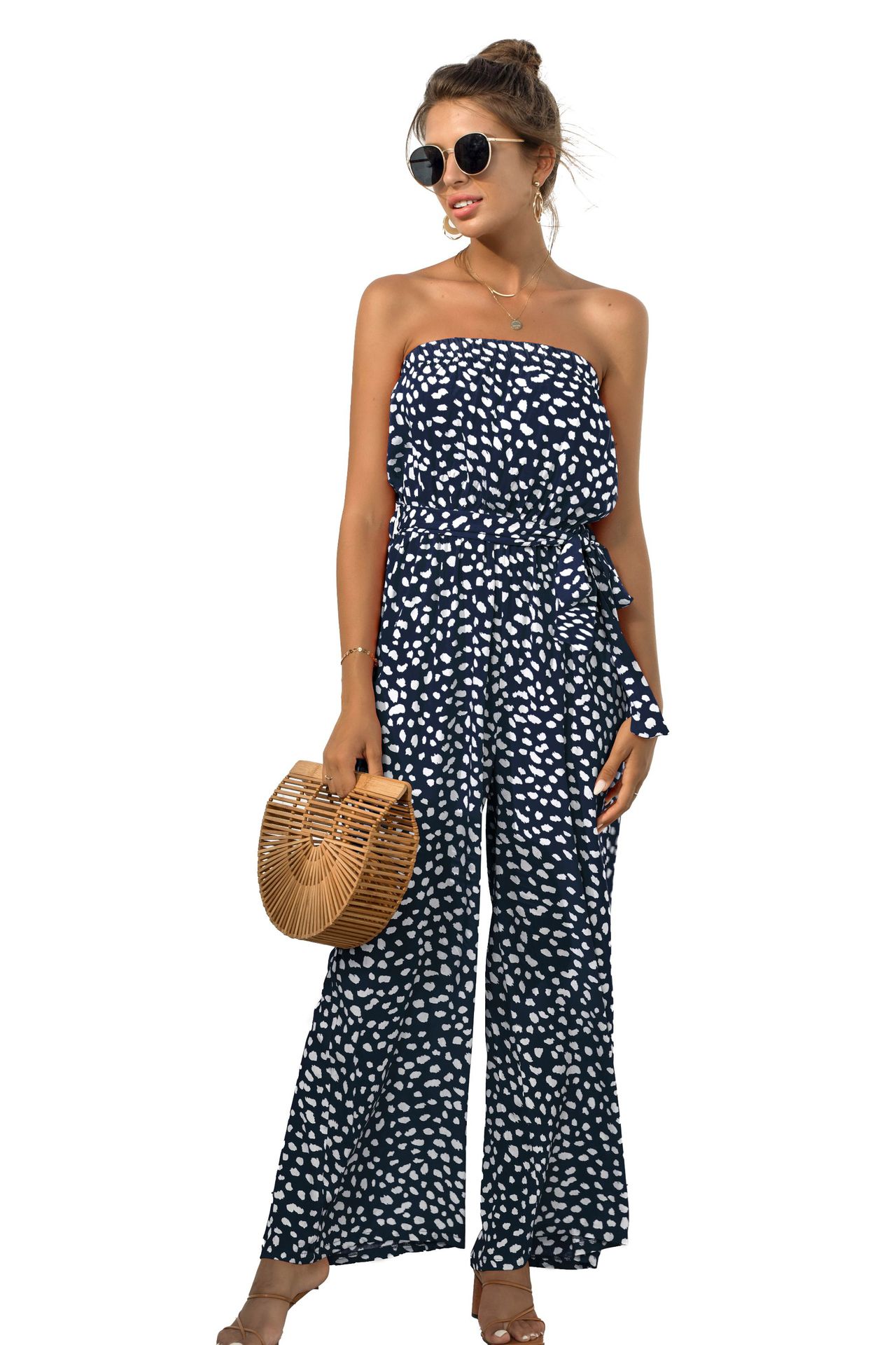 Nuevos productos de verano para mujer, nuevo mono de pierna ancha con cordones y estampado de lunares en forma de corazón y top de tubo sexy_voghion.com
