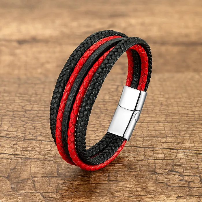 Schwarz Rot Multilayer Handgewebte Leder Wrap Vintage Stil Charme Herren Armbänder Armreifen Männlichen Geschenk Armband Schmuck_voghion.com