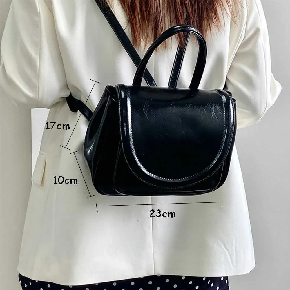 Elegant Black Backpacks Women Solid Leather Flap Shoulder Pack Large Capacity Female Commute Handle Bags College Pu_voghion.com