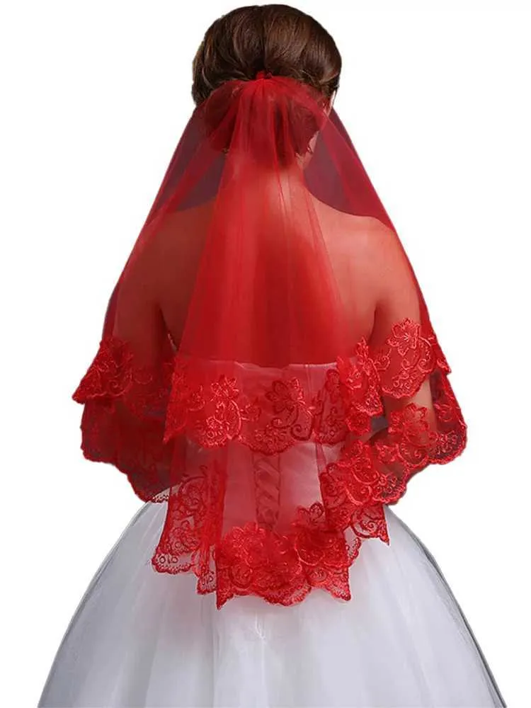 Hair Jewelry Classic Red Bridal Wedding Simple Long Lace Veil Headpiece For Women_voghion.com