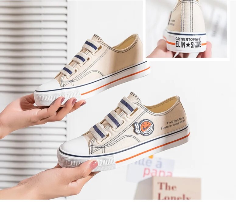 Elastic Band Smiling Face Canvas for Women Summer and Autumn Students Versatile Little White 2024 New One Step Lazy_voghion.com
