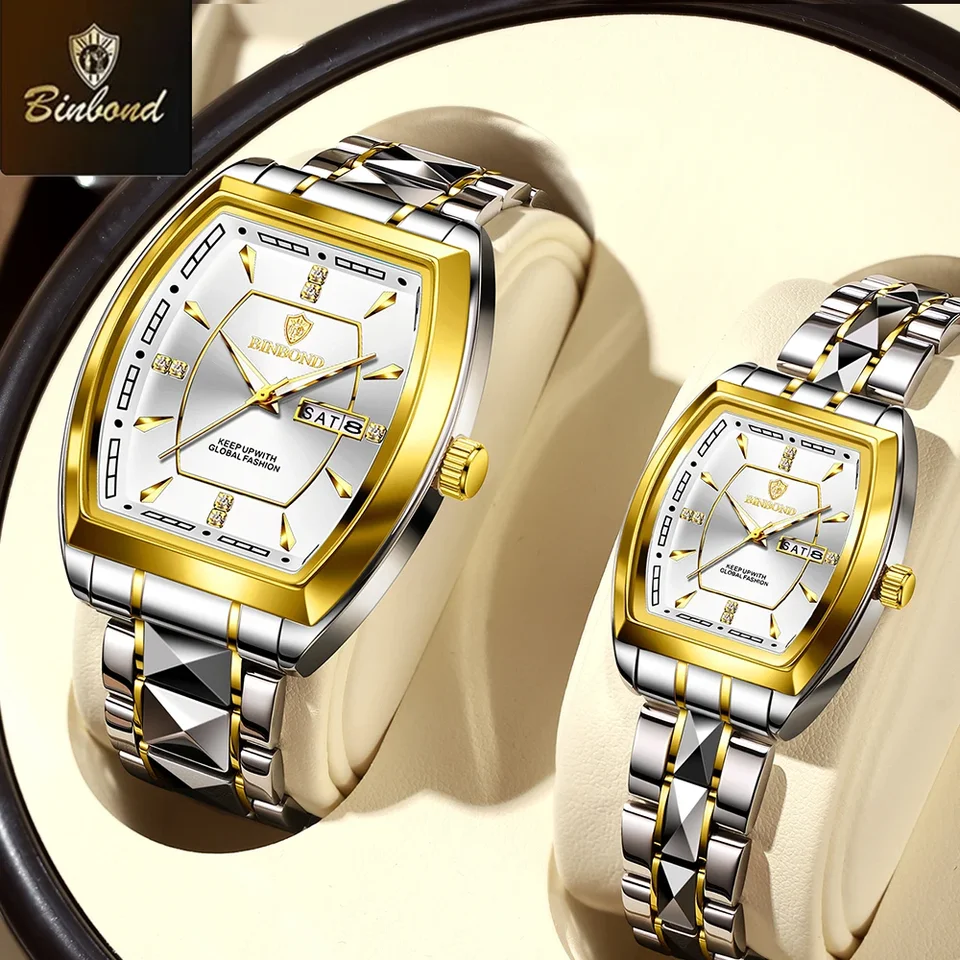 Square Couple Watch Set Stainless Steel Luminous Quartz Watches_voghion.com