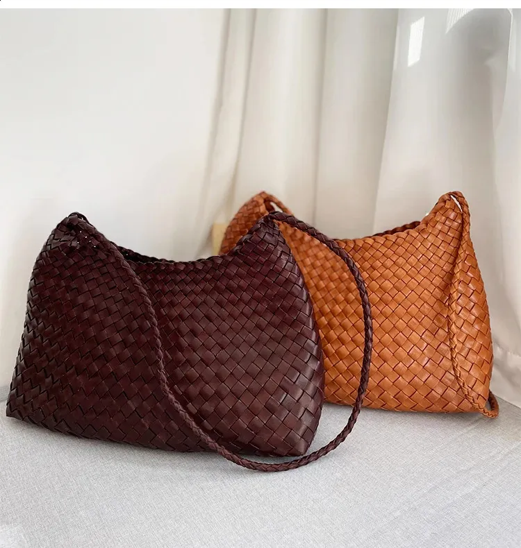 drago intrecciato panino strato superiore pelle bovina donna francese cestino fatto a mano vintage pelle borsa a tracolla tracolla grande capacità_voghion.com