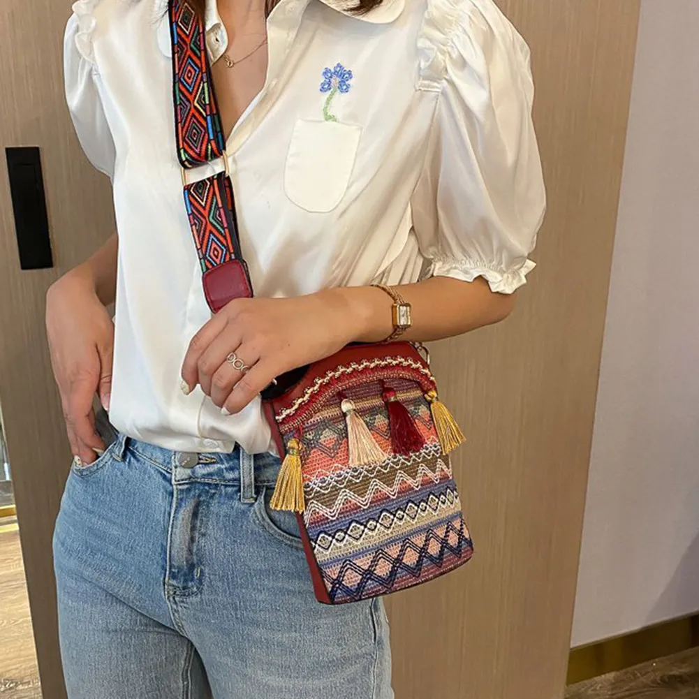 Borsa a tracolla vintage nazionale da donna, con nappa, etnica, intrecciata a mano, hippie, piccola borsa a tracolla_voghion.com