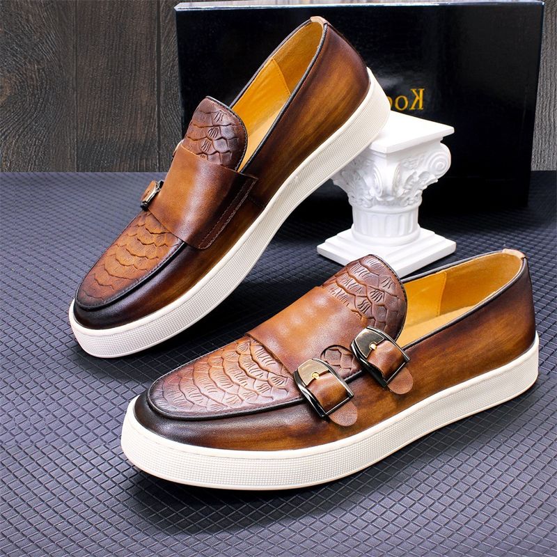 Men's double buckle casual genuine leather loafers men's comfortable flat shoes daily versatile slip on_voghion.com