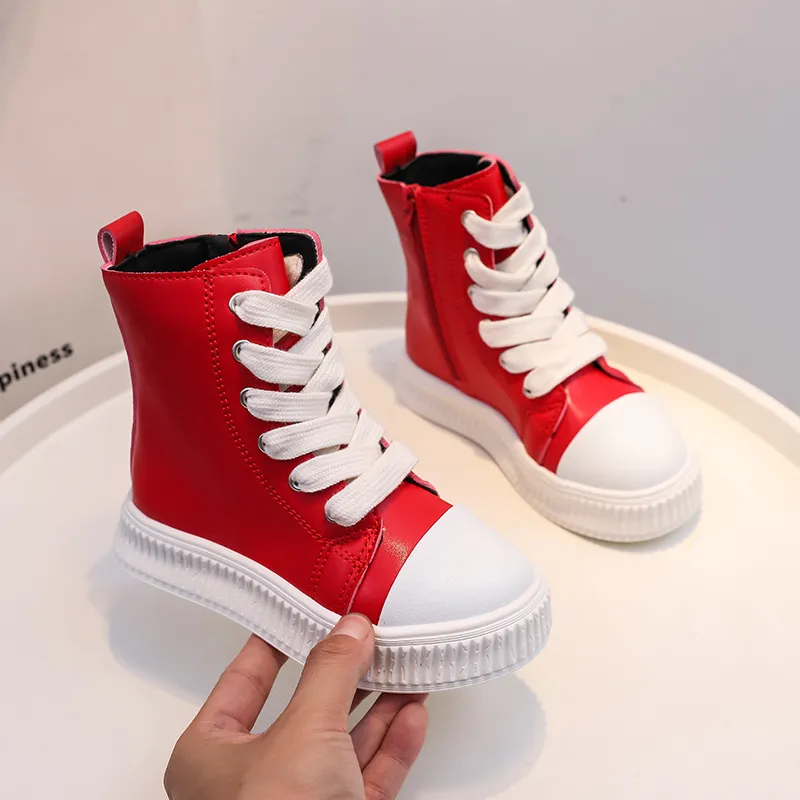 Tênis plataforma infantil preto vermelho couro zíper cadarço crianças meninos meninas casual happysteps fundo grosso criança alta_voghion.com