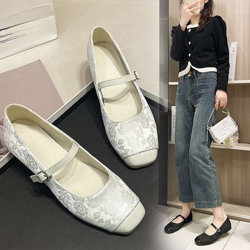 Nove kineske ženske Mary Jane proljetne cipele s debelim dnom Cheongsam ravnim potpeticama i uzorkom konjskog lica, mali mirisni četvrtasti vrh_voghion.com
