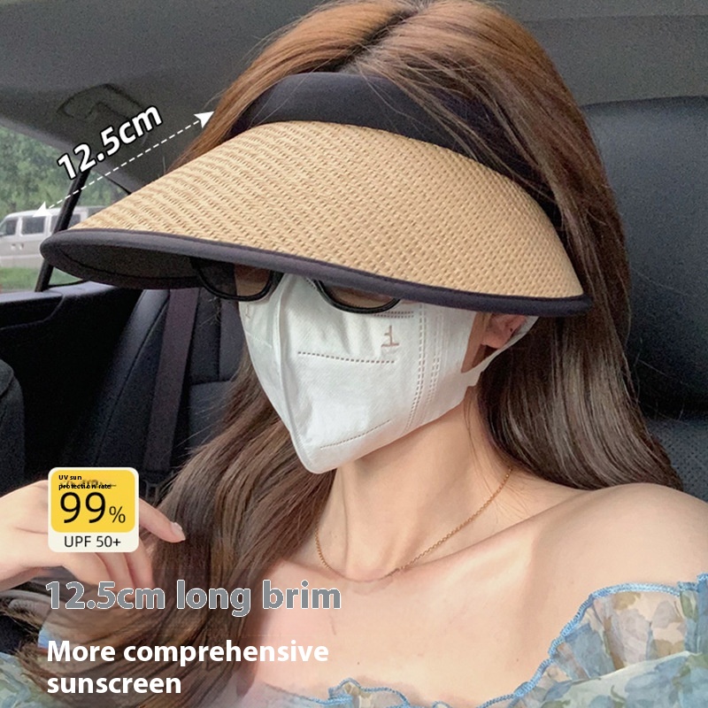 Spring New Hardtop Straw Weaving Empty Top Women's Big Eaves and UV Summer Cycling Sun Protection Hat_voghion.com