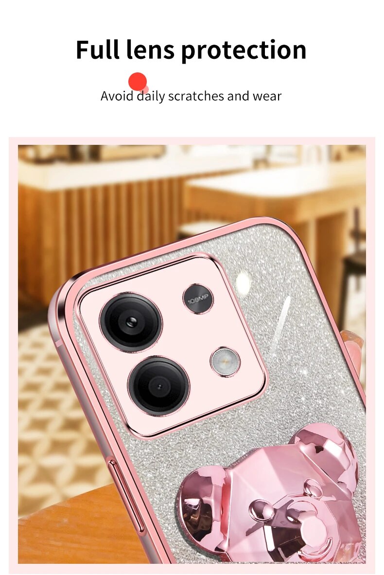 note13 pro Glitter Plating Bear Holder Case On For Xiaomi Redmi Note Pro note13pro redmi 13C 4G 5G Stand Cover note 13_voghion.com