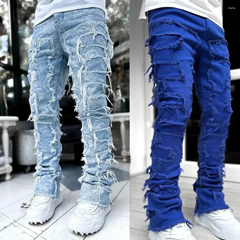 Blugi stivuiți pentru bărbați, stil hip hop, stil bărbătesc, stil 2024, stil stivuit, stil slim fit, stil Distressed, stil distrus_voghion.com
