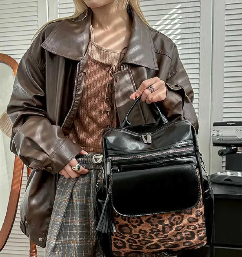 Sacs à dos de voyage en cuir vintage léopard pour femmes, nouvelle mode, grande capacité, sacs à bandoulière, fourre-tout, sac d'école, bandoulière_voghion.com