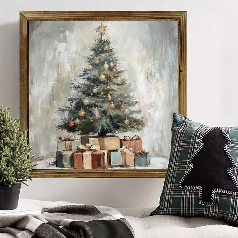 Semn rustic din lemn cu model de brad de Crăciun de 20x20 cm - Artă murală vintage cu design rustic pentru casă/birou, ușoară și lustruită, cadou de decor pentru birou de sărbători_voghion.com