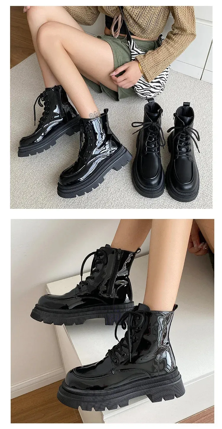 Stivaletti bassi britannici Martin da donna con fondo spesso snellenti 2023 Nuovo stile a metà polpaccio da motociclista singolo 240628_voghion.com