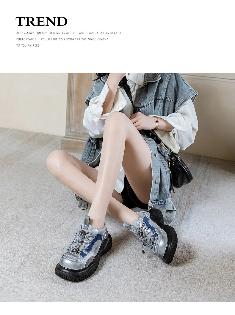 Suela gruesa de cuero genuino tipo bizcocho con superficie de malla reforzada para mayor comodidad y transpirabilidad. Zapatillas deportivas de moda._voghion.com