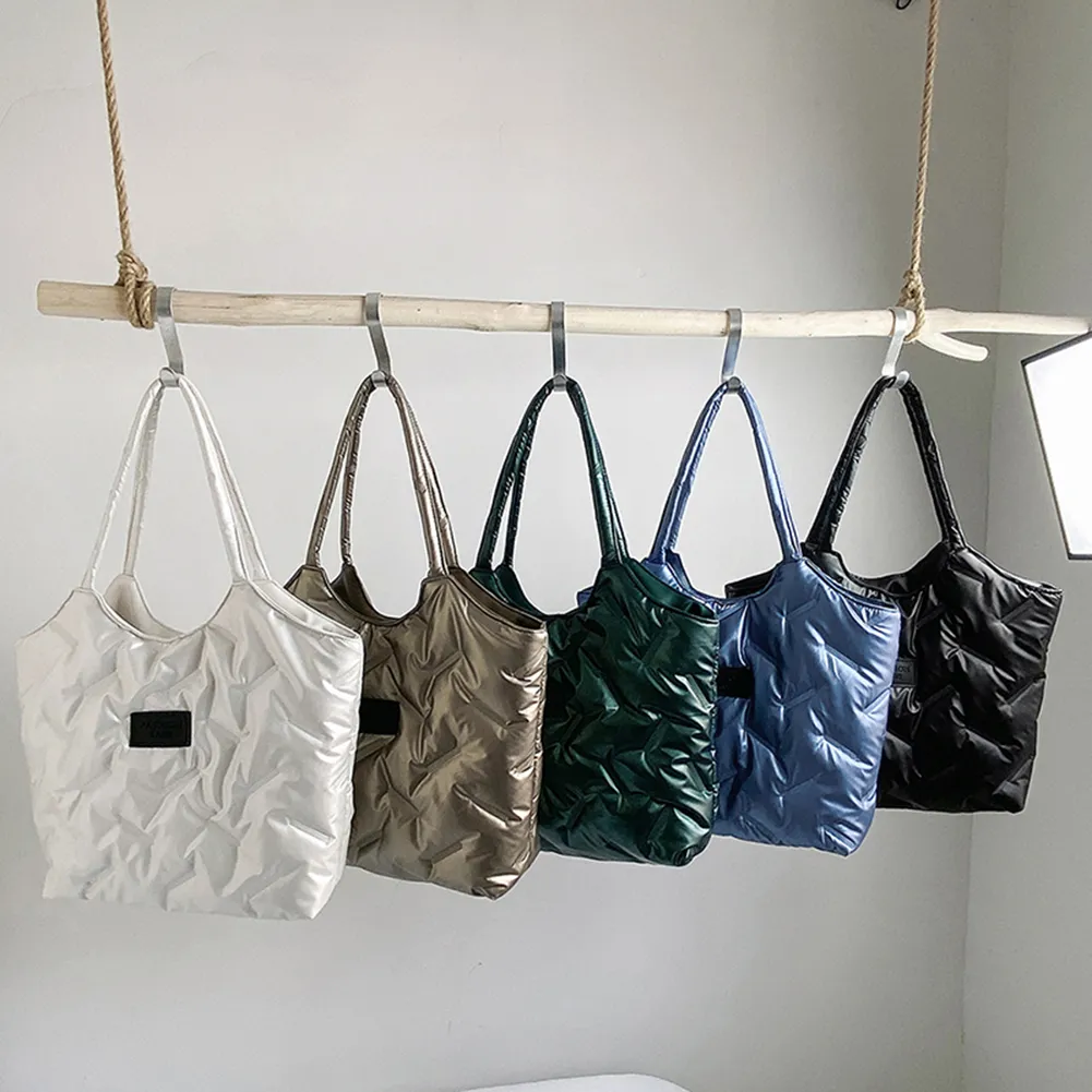 Borsa a mano imbottita in cotone da donna, trapuntata, grande capacità, invernale, casual, morbida e soffice._voghion.com