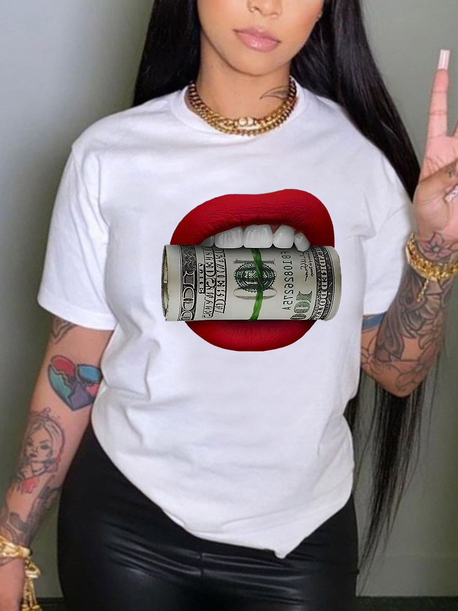 Damen Kurzarm Rundhals weißes Kurzarm T-Shirt Mode Lippen Dollar Druck_voghion.com