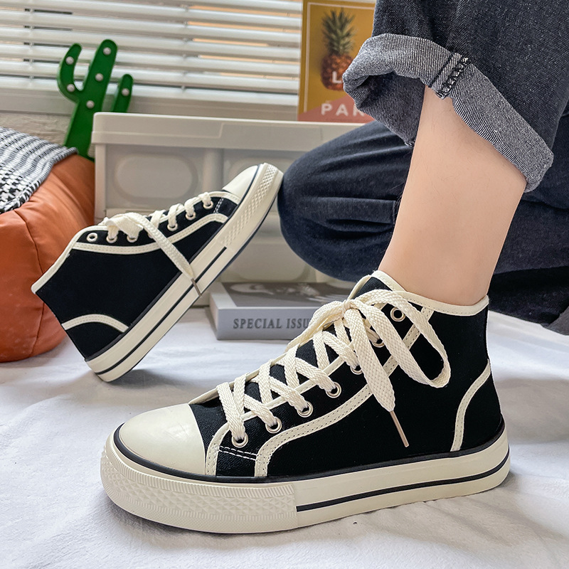 High top men's classic spring canvas student Korean vulcanized round toe casual board shoes, cloth shoes_voghion.com