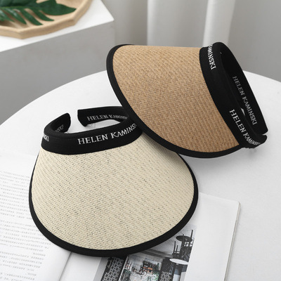 Alphabet Grass Woven Women's Summer Sunshade Open Top Sunscreen Versatile UV Protection Hair Hoops Cool Hat Fashionable_voghion.com