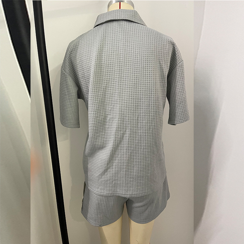 Women's fashion casual short-sleeved V-neck shirt shorts Solid color sports girls two-piece suit_voghion.com