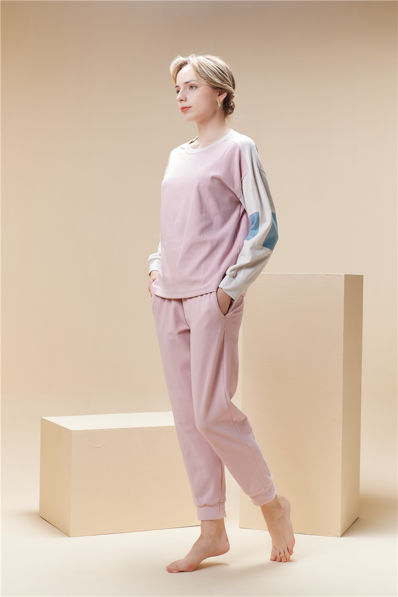 Pigiama da donna con scollo tondo, colore testa a contrasto, caldo e morbido set da indossare per la casa_voghion.com