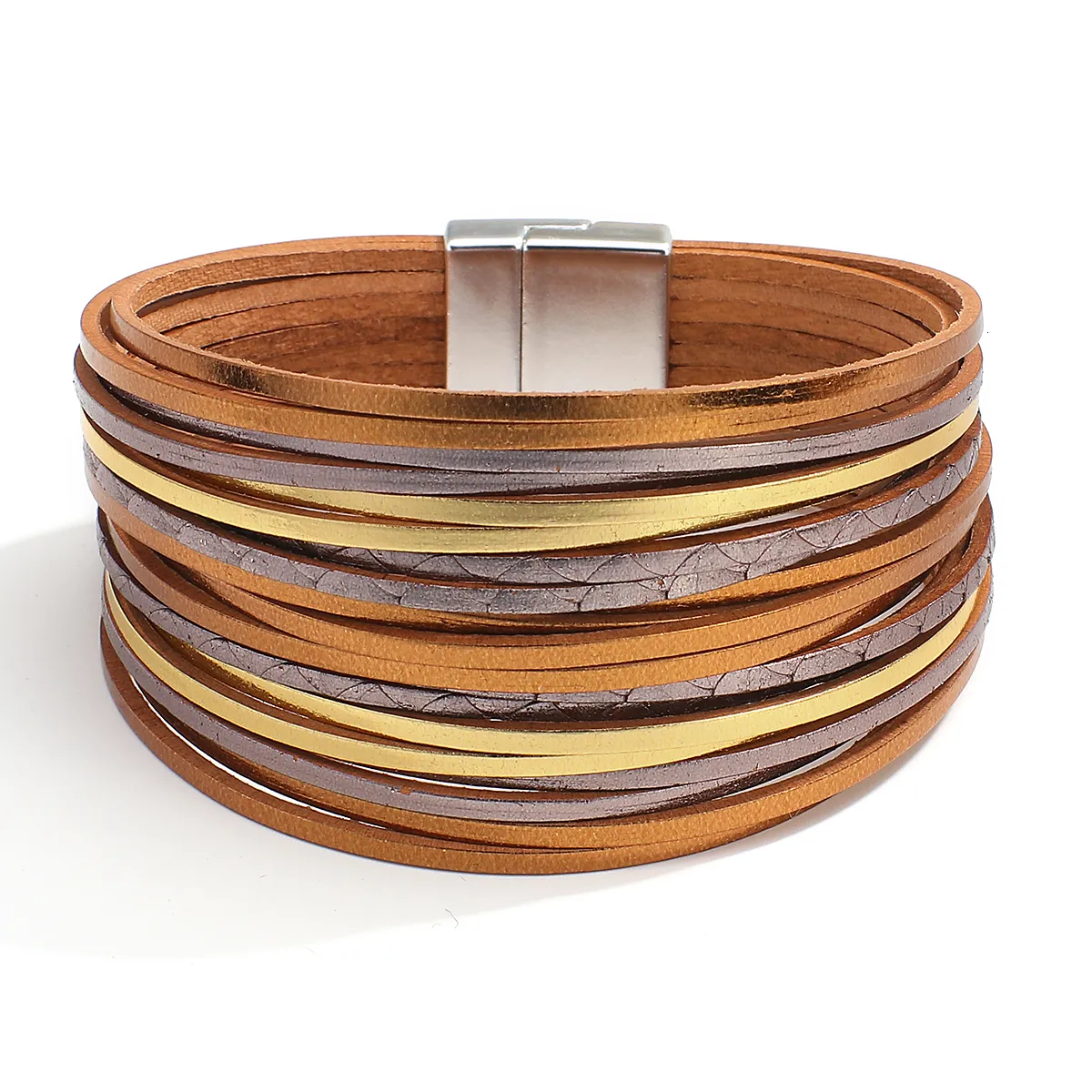 Charm ALLYES Boho Braccialetti in pelle multistrato a strisce sottili per donna Bracciale avvolgente multicolore alla moda Semplice unisex_voghion.com
