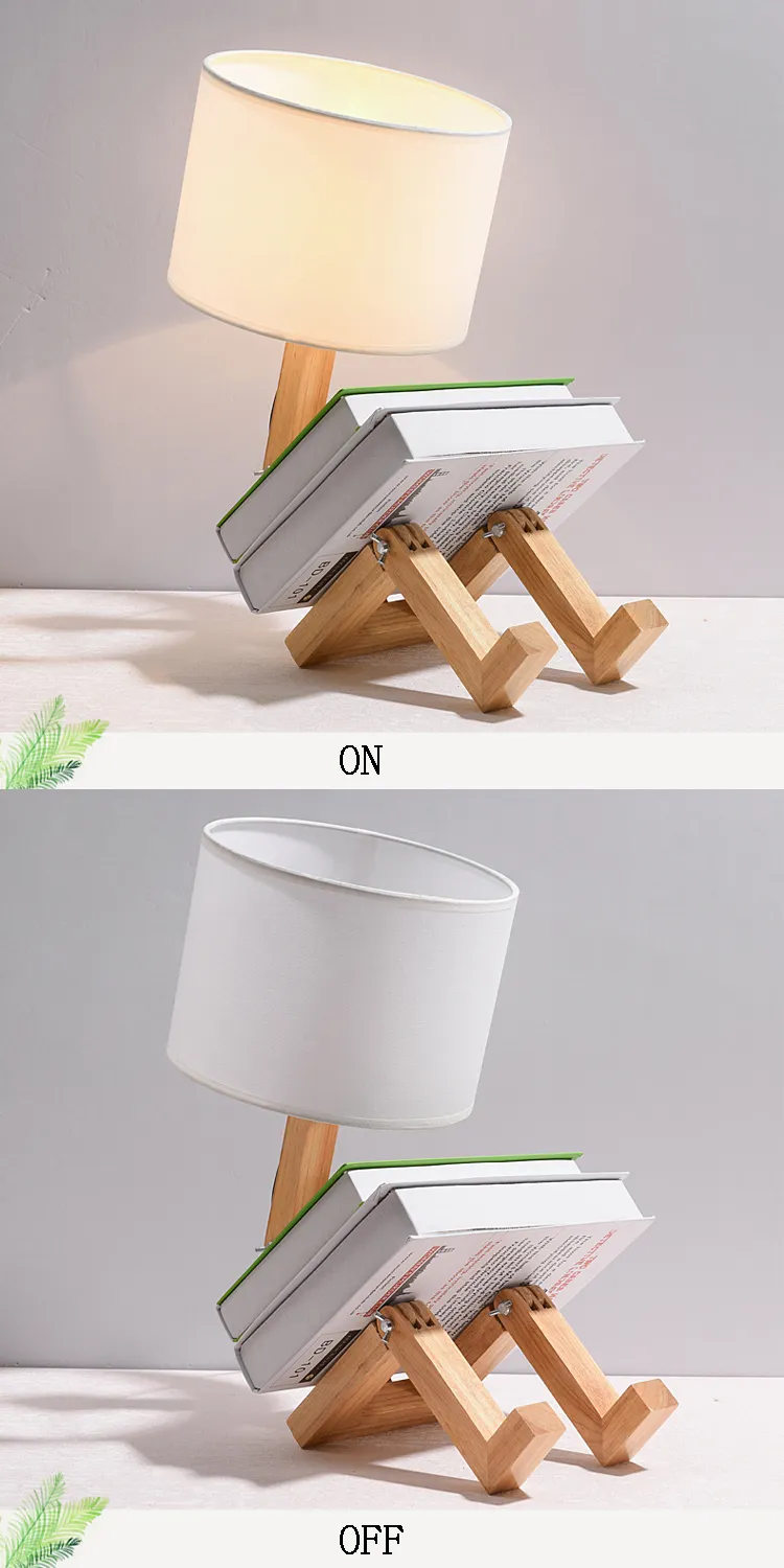 Lampada da tavolo in legno Robot - Opera d'arte moderna con paralume in tessuto_voghion.com