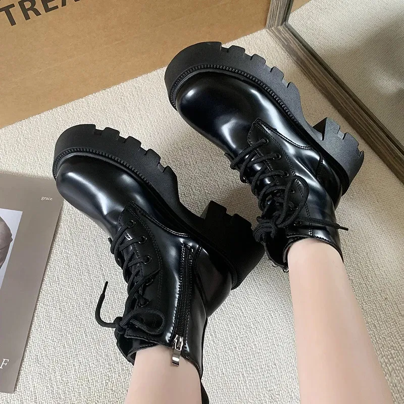 Patent Leather Platform Ankle Boots For Women Motorcycle Style_voghion.com