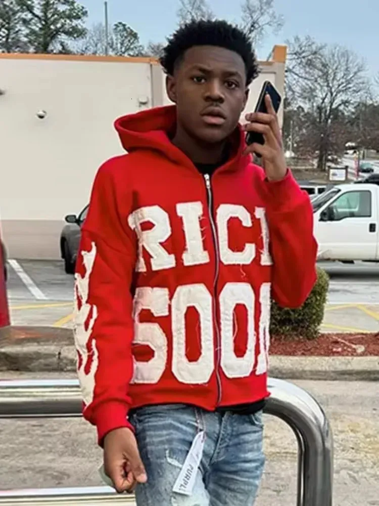 Street Rich Soon Printed Hoodie For Male Trendy Y2k Long Sleeve Zip Up Hooded Sweatshirt Autumn Pocket Loose Hoodies_voghion.com