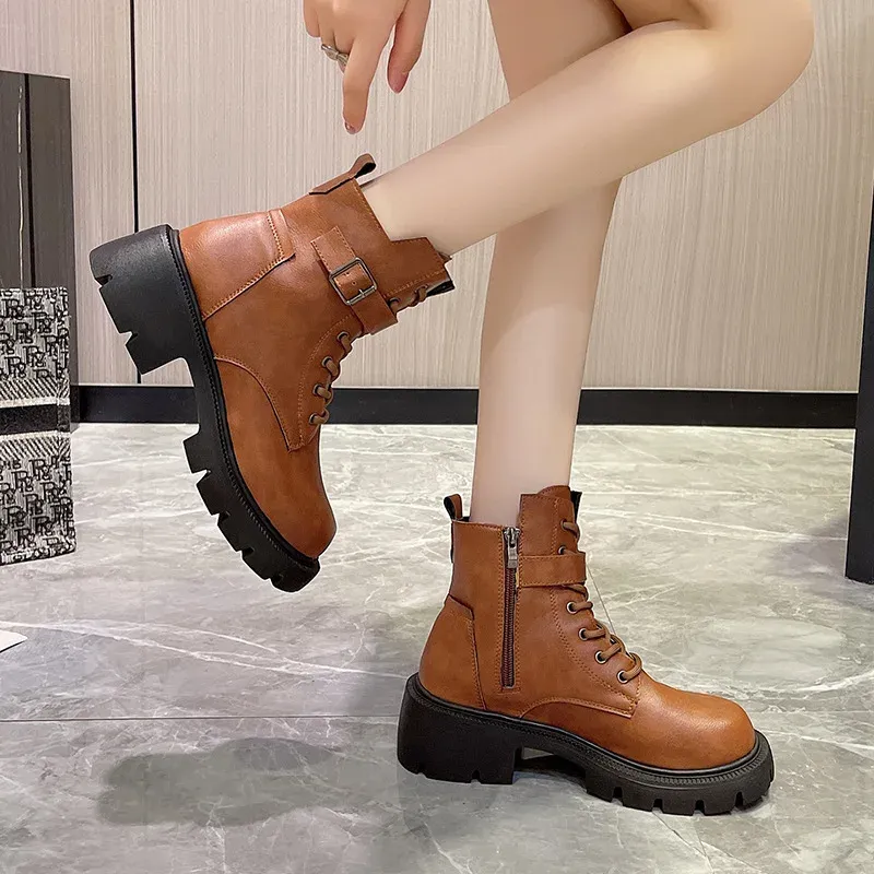 Botas cortas estilo británico para mujer, nuevas, de otoño/invierno, con cordones y cremallera, estilo motociclista, estilo retro, talla 43_voghion.com