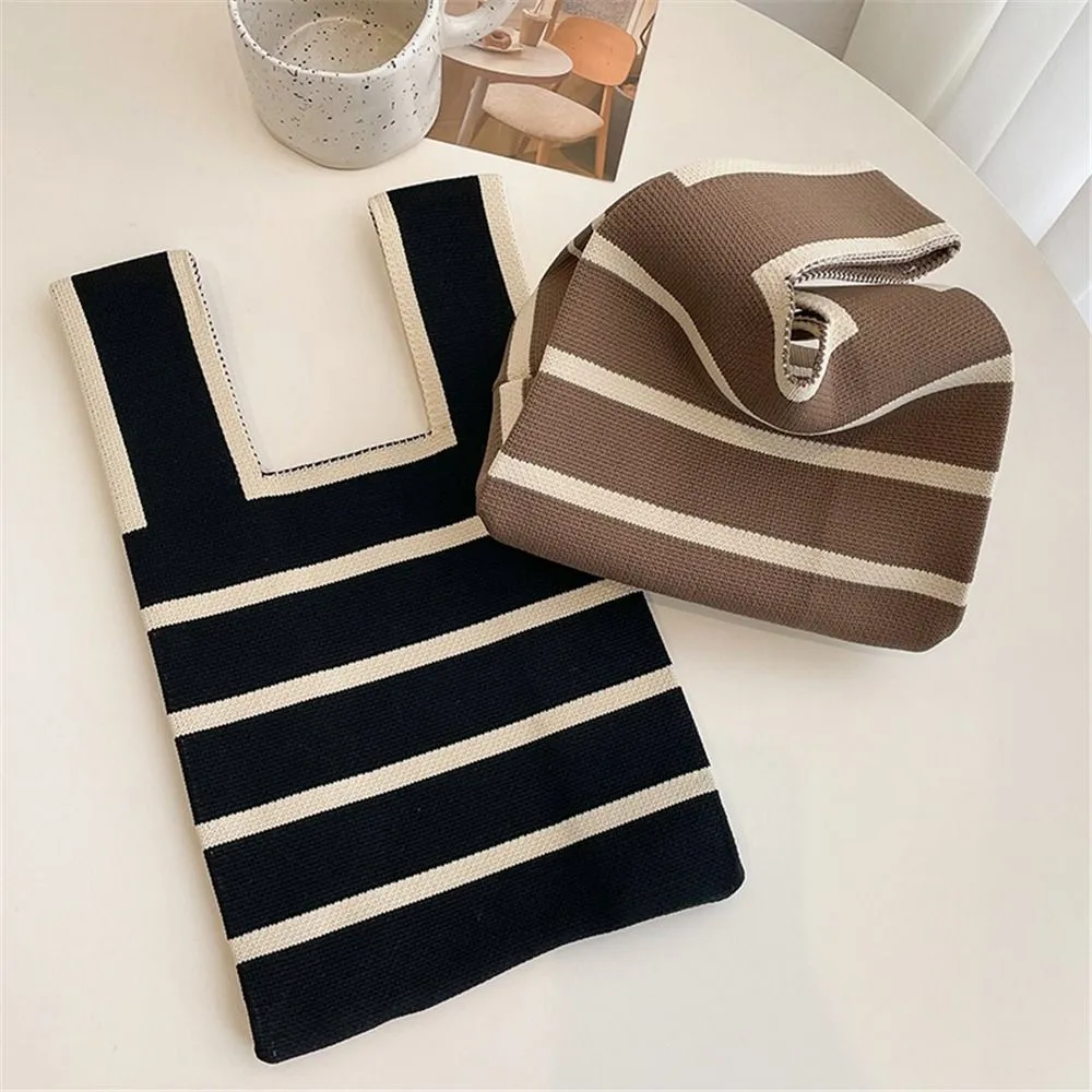 1PC Women Mini Handbag Handmade Knit Knot Wrist Japanese Color Wide Stripe Plaid Tote Bag Student Reusable Shopping Bags_voghion.com