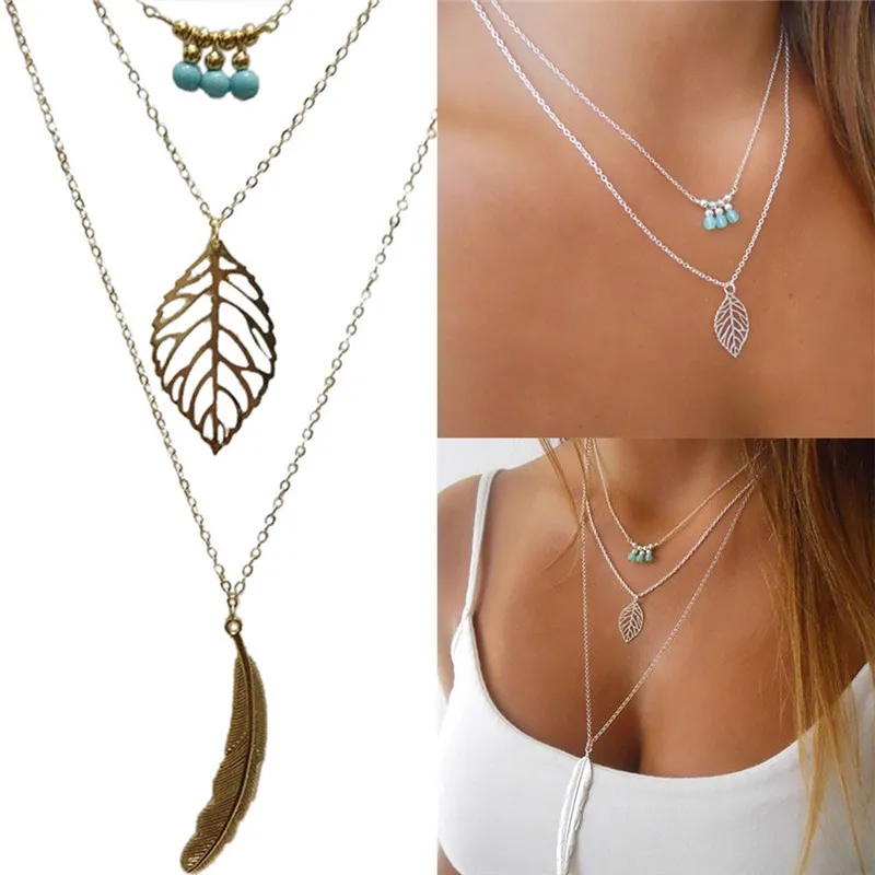 Collane con ciondolo Moda Natura Pietra Foglia Lunga Donna Collana a catena a 3 strati Gioielli bavaglino_voghion.com
