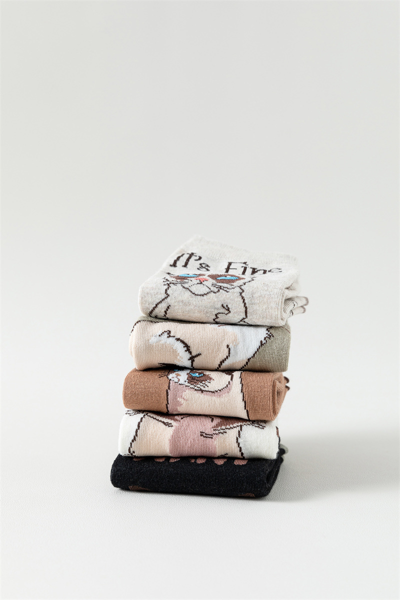 5pcs Of Spring And Summer Cartoon Women's Tube Boat Casual Japanese Style Short Cute Letter Cat Straight Socks_voghion.com