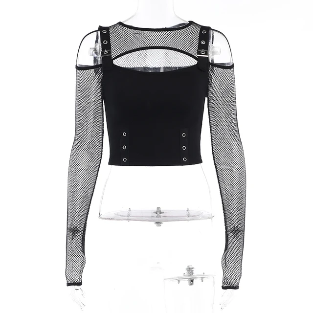 hot selling Women's Autumn And Winter New Dark Punk Style Hot Girl Sexy Slim Off-The-Shoulder long-Sleeved Top Grid T-Shirt_voghion.com