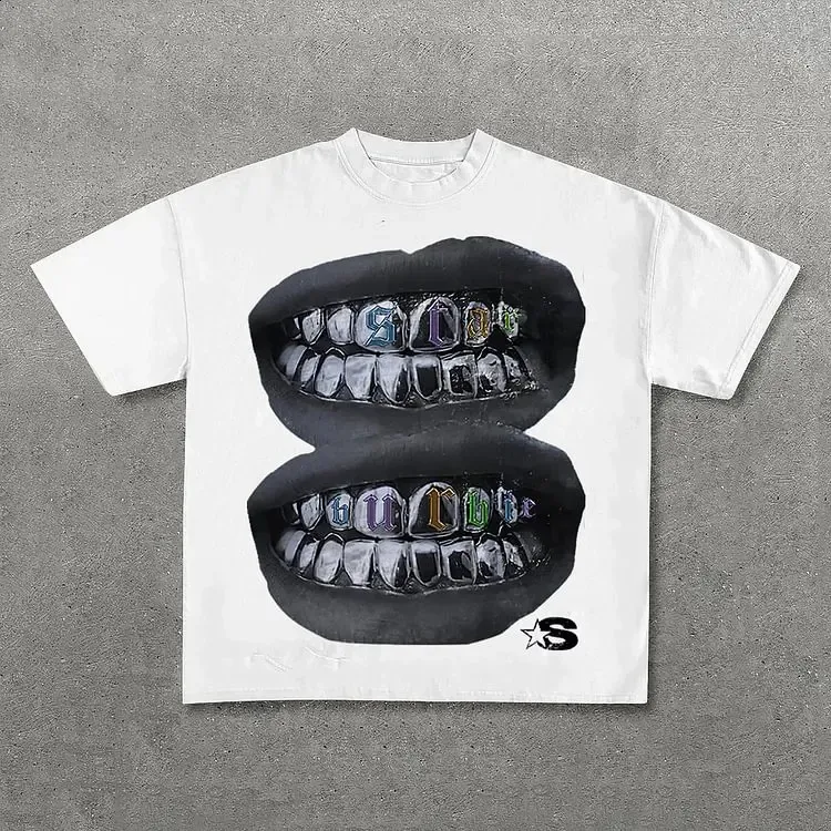 Loose Lip Print Graphic 100% Cotton T-Shirt Men Y2K Summer Short Sleeves Vintage Oversize Tshirt Streetwear Women Tops_voghion.com
