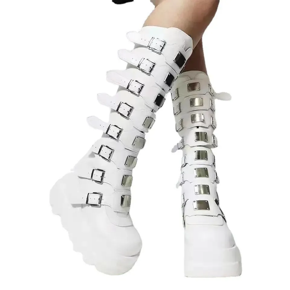 Botas góticas de plataforma até o joelho, estilo punk, pretas, sexy, para motociclistas, lançamento 2023, cosplay de Halloween 2024, sapatos Atos Mujer para mulheres._voghion.com