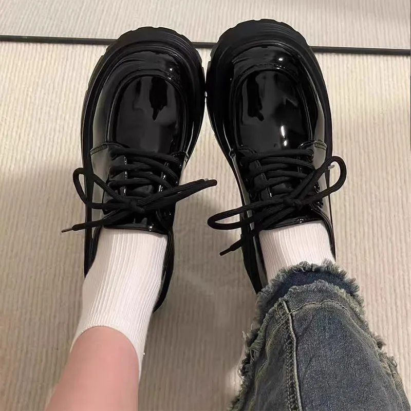 Black thick soled versatile lace up small leather for women 2024 spring and autumn season new British style JK Le Fu_voghion.com