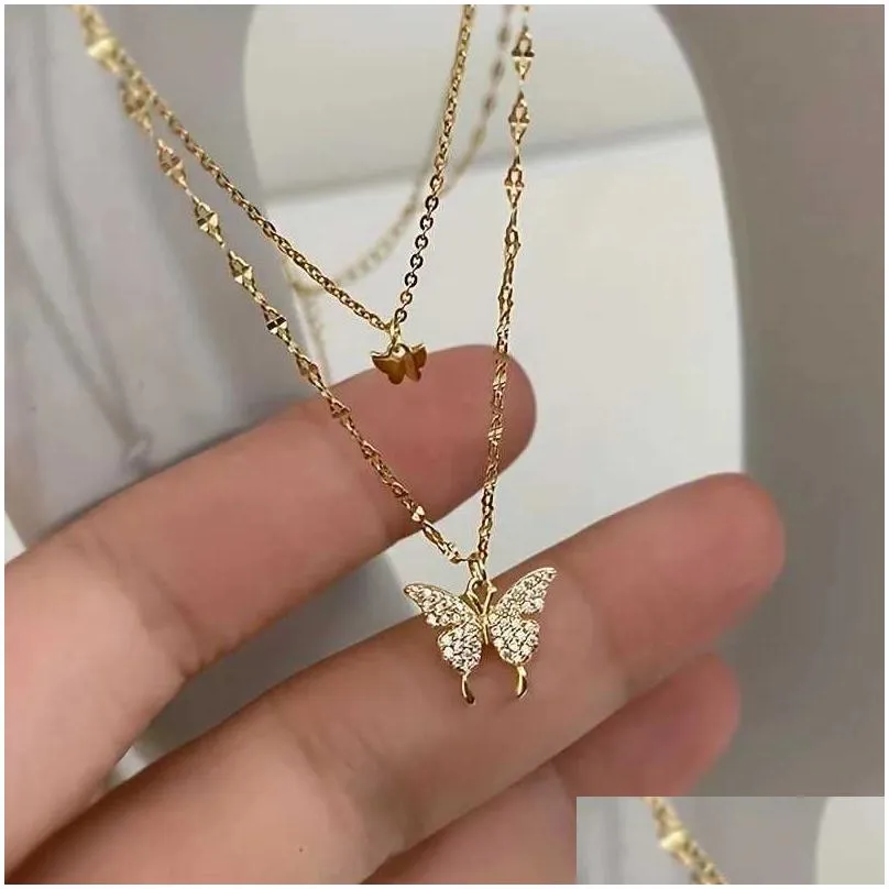 Collane con ciondolo Collana a doppio strato con farfalla e set di gioielli per feste con dichiarazione in zircone brillante Regaliq Drop_voghion.com