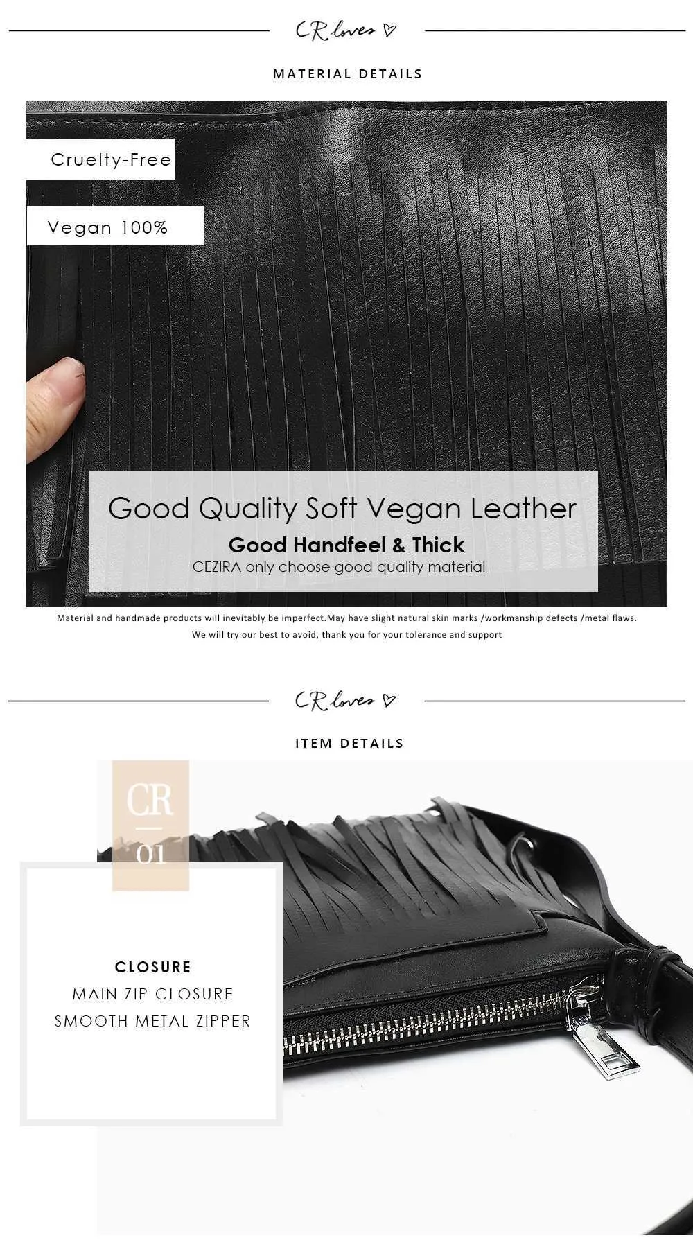 CEZIRA Bohemia Quaste Fransen Ladi Seitentaschen Veganes Leder Stilvolle Designer Mädchen Kleine Umhängetasche Reißverschluss Umschlag Clutch_voghion.com