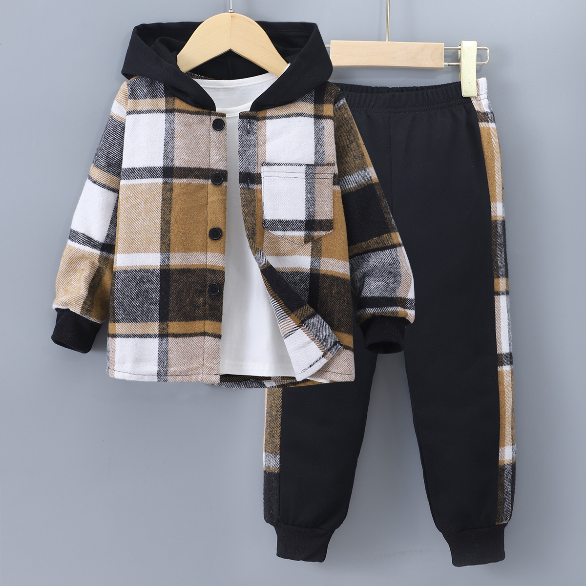 Toddler Boys Clothing Autumn And Winter New Long Sleeved Plaid Contrast Color Hooded Two Piece Suit