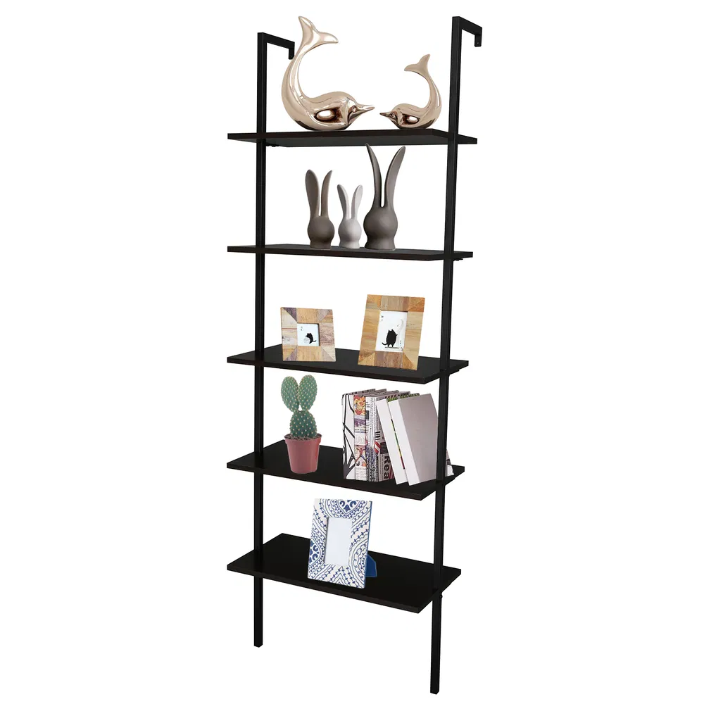 5-Shelf Wood Ladder Bookcase With Metal Frame Industrial 5-Tier Modern Ladder Shelf_voghion.com
