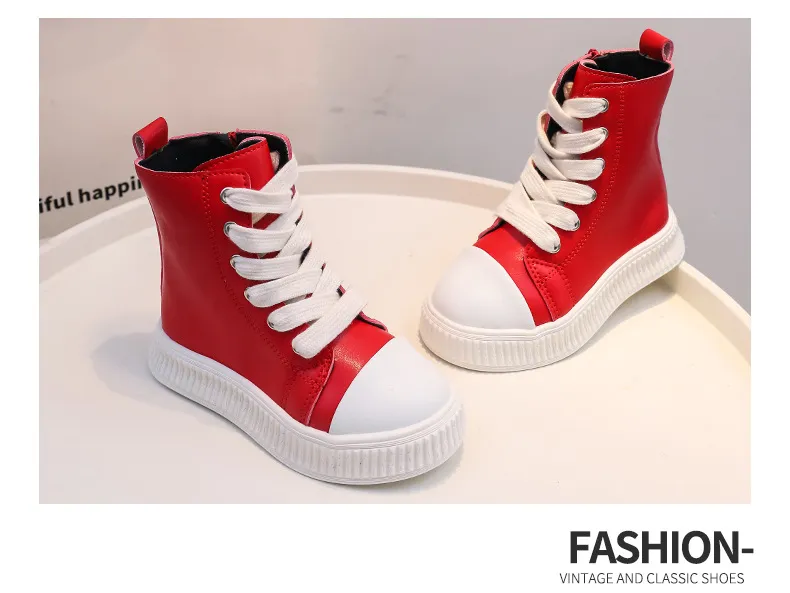 Tênis plataforma infantil preto vermelho couro zíper cadarço crianças meninos meninas casual happysteps fundo grosso criança alta_voghion.com